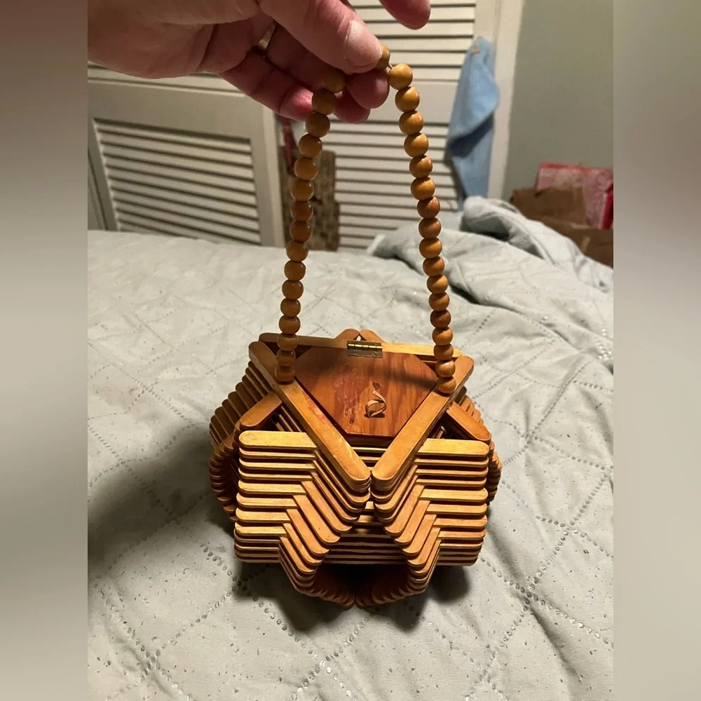 Vintage Hippy Folk Art Handmade Popsicle Stick Purse - Picture 1 of 11